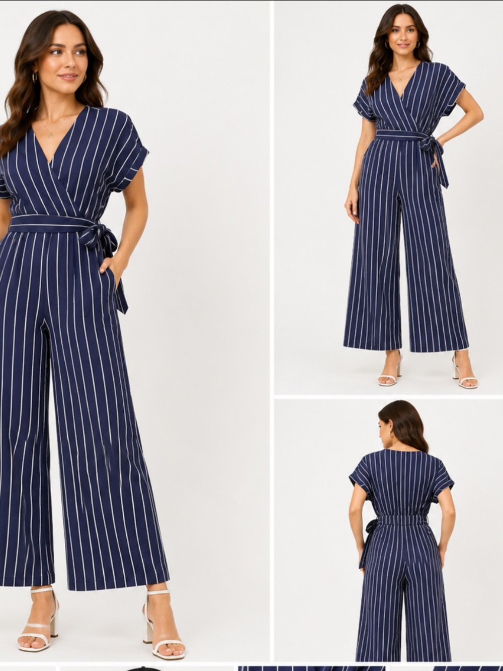 Navy blue stripes wide leg faux wrap jumpsuit blue white side pockets suโฆ